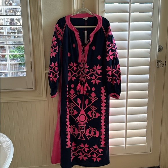 Nwt Frances Valentine Stephanie Embroidered Tunic Dress 1X Maxi navy/pink - Picture 2 of 6